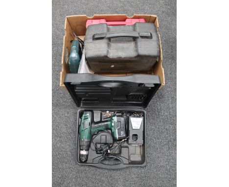A box containing cased Wicks electric drill, cased Power Devil cordless screwdriver, cased JCB sander together with a Black &