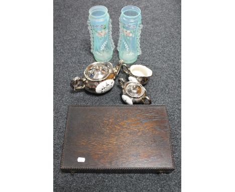 An oak canteen of cutlery together with a three piece Price Brothers pottery tea service and a pair of Victorian hand painted