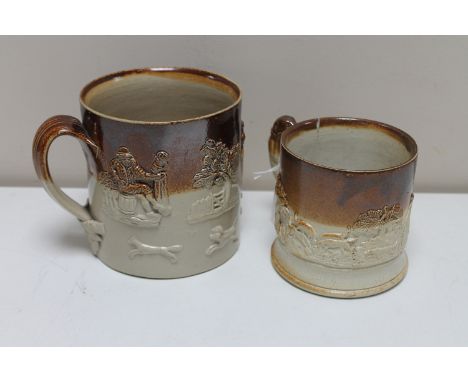 Two antique stoneware mugs depicting hunting and farming scenes. (2)