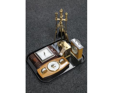 A tray of brass companion set, Art Deco precision barometer, barometer and two carriage clocks 