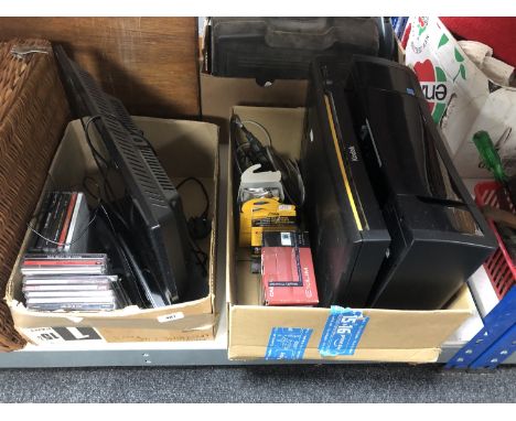 Two boxes containing Kodak printer, Casio camera, Logic 19" LCD TV, CD's etc 