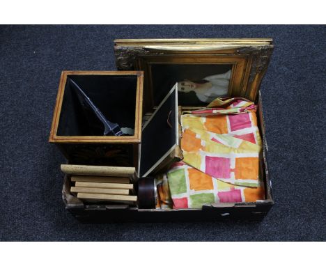 A box of contemporary gilt framed portrait studies, curtains, mantel clock, wooden bin etc 