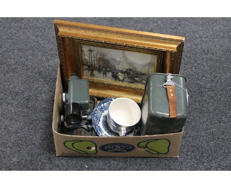 A box containing gilt framed print, Parisian street scene, Royal Worcester blue and white cup and saucer together with a case
