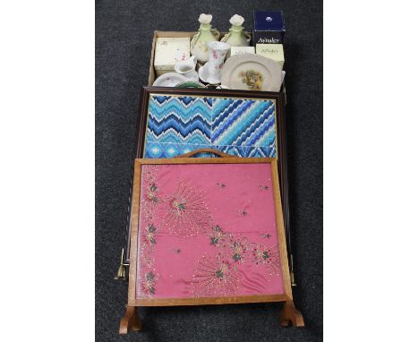 A box of china : Aynsley vases, floral jug and basin plus two fire screens 