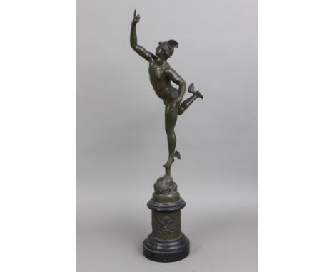 nach GIAMBOLOGNA (c.1529-1608), Figur des Hermes - stehende Darstellung des griechischen Götterboten mit Flügelhelm, bronzier