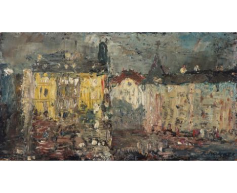 RUDOLF HÖCKNER (1864 Wolkenstein - 1942 Bad Mergentheim) - Öl auf Zigarrenkisten-Deckel, ¨Stadtansicht¨, unten rechts signier