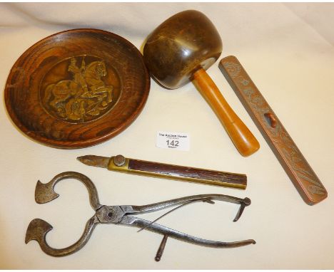 Collection of old tools etc., inc. lignum vitae woodworking mallet, an old brass quill cutter or ink eraser and sugar nips ma