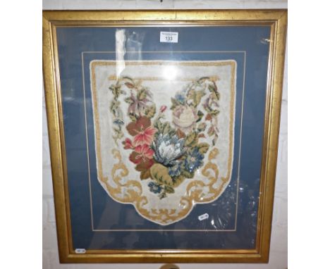 Framed 19th c. wool and beadwork panel