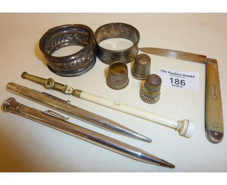 Georgian silver and mother of pearl handled fruit knife hallmarked for Sheffield 1825, two Sterling silver propelling pencils
