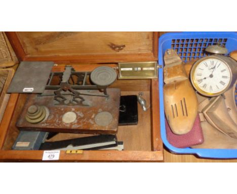 Wooden chest containing antique scales, old mechanical calculator, alarm clock and box of wooden shoe lasts with travel clock