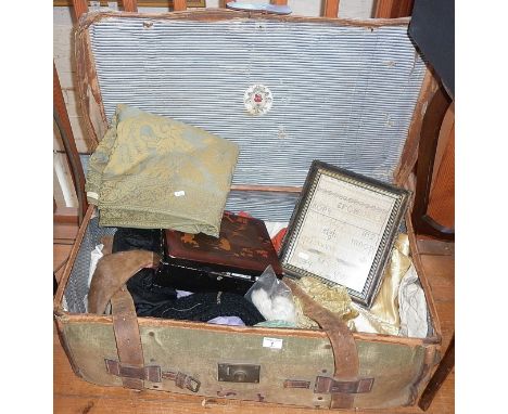 Large trunk of vintage textiles and clothing etc.
