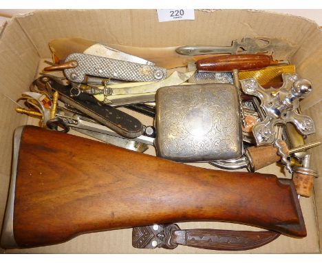 UK army SLR rifle gun stock, WW2 sailor's type knife by Taylor's Eye Witness, letter openers, lighters, etc.