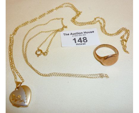 9ct gold signet ring, heart shaped locket on chain necklace and another 9ct necklace, total weight approx. 10.5g