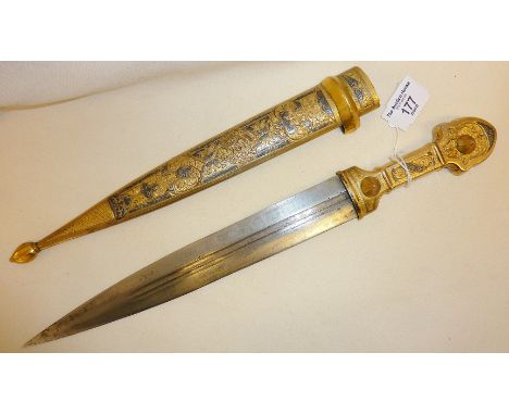 Russian cossack type Kindjal dagger, gilded gold colour sheath and grip with niello enamel silver coloured decoration. Double