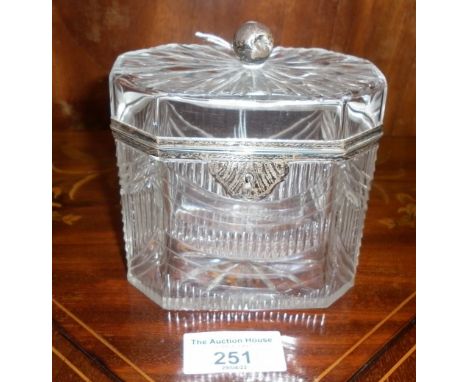 Georgian cut glass tea caddy with silver coloured metal mounts - small crack to rear of lid