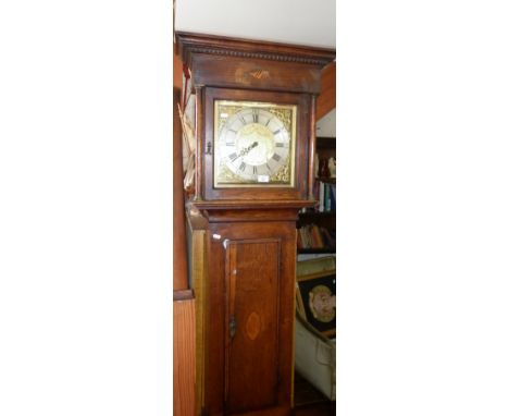 19th c. inlaid oak cased 30 hour longcase clock by George Lotts of Honiton having a brass dial with silvered chapter ring, 79