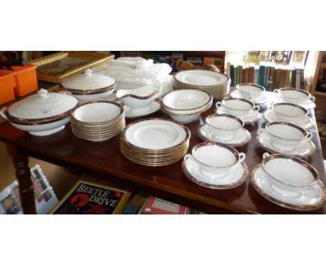 Extensive Royal Worcester "Prince Regent" pattern china dinner service and assorted crochet tablecloths and bedspreads