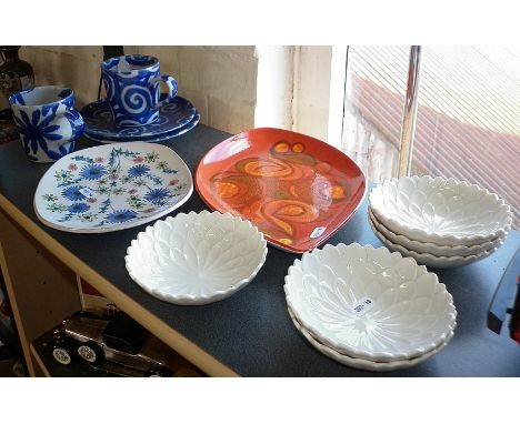 Rye pottery plate, Poole Pottery Delphis spear shaped dish, six Branksome china water lily bowls and studio pottery mugs and 