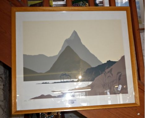 A silkscreen landscape titled 'Mitre Peak' by Jamie Blake dated '85