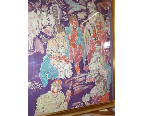 Large Batik figural print of the Nativity, 42" x 36" in gilt frame