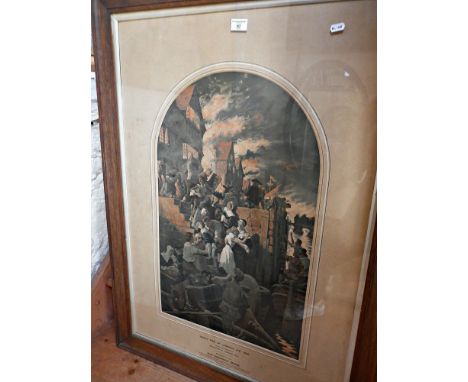 Large Sun Insurance Office colour print of the Great Fire of London after the painting by Stanhope Forbes, oak frame, 43" x 3