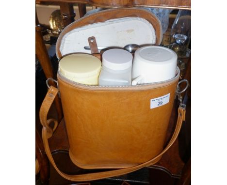 Tan leather cased picnic hamper/box with flask etc.