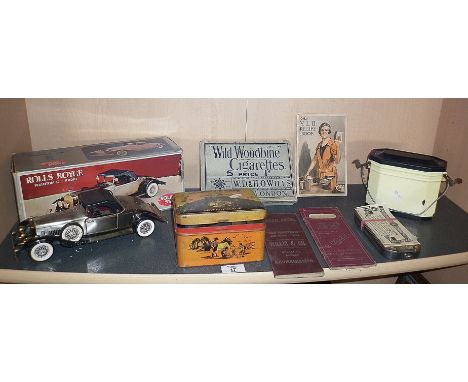 Assorted advertising items and a "Monitor" paraffin stove in original tin etc. inc. Rolls Royce Phantom solid state radio, bo