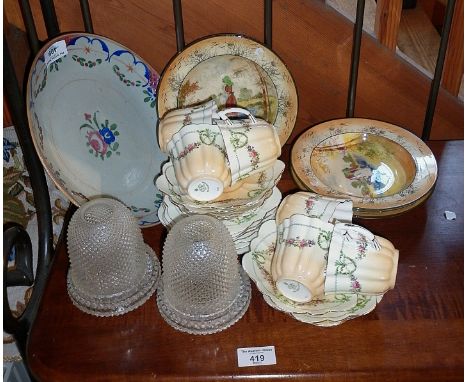 Set of four Royal Doulton "The Bluebell Gatherers" bowls, c. 1915, Edwardian floral china teacups, saucers and plates, two gl