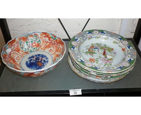 Four Masons Ironstone soup bowls, a Spode plate and an Imari bowl