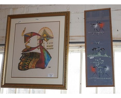 Contemporary stylised Batik print, a similar African painting and a large print of a fabric panel