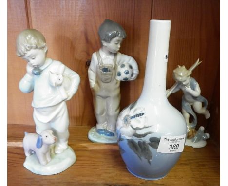 Royal Copenhagen bottle vase and two Nao figurines and another