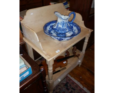 Victorian pine washstand with blue and white jug and basin