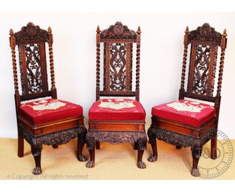 Three 19th century armorial hall chairs in the Anglo-Indian style - possibly Welsh, originally from Dolserau near Dolgellau, 