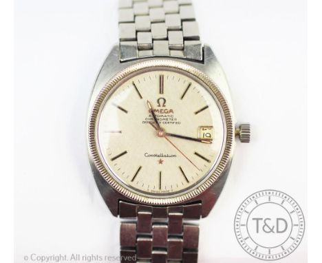 An Omega Constellation, automatic chronometer, officially certified, the stainless steel case enclosing silvered dial with ba
