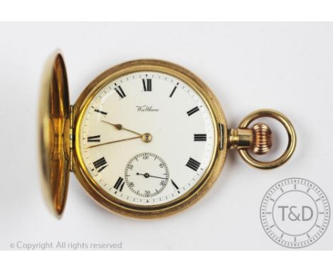 A Waltham full hunter pocket within gold plated case, the cover with engraved initials, enclosing white enamel dial with blac