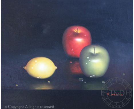 K Mason, Oil on canvas, Still life of fruit, Signed, 49.5cm x 60cm, Framed, With a smaller oil of apples and cherries by the 
