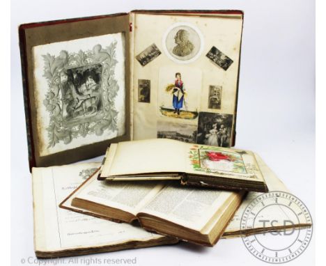 A 19th century scrap album, with thirty sides of scraps including hand painted butterfly, pencil drawings, prints etc, with a