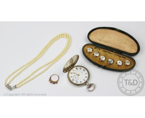 An omega full hunter pocket watch, A two strand graduated cultured pearl necklace with 9ct white gold clasp, a red and white 