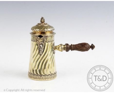 A French silver gilt chocolate pot, Bointaburet, Paris, late 19th century, of conical, wrythen moulded form and with cast aca