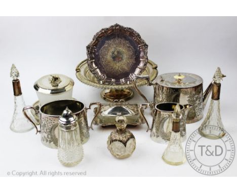 A Victorian silver plate mounted and frosted glass preserve jar and cover, 13cm high, with a Victorian silver plated three pi