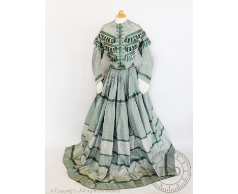 A green and ivory striped silk taffeta bodice and skirt, circa 1850's and later,  the bodice embellished with rows of ribbon 