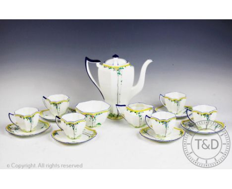 A Shelley china 'Balloon Tree' fifteen piece coffee service, pattern 11624, comprising coffee pot and cover (cracked), six cu