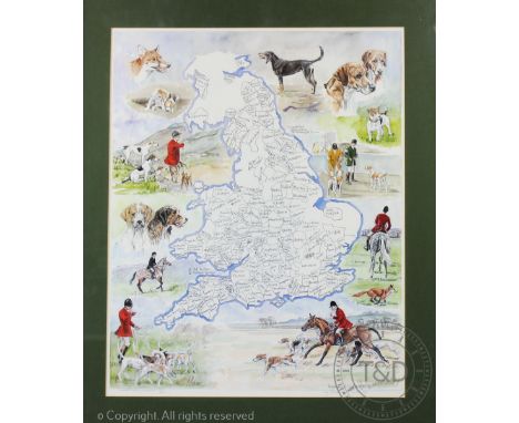 Rosemary H Coates, Limited edition colour print, Map of the hunt names of England and Wales, Signed and numbered 371/850, 5cm