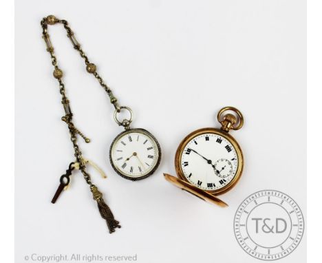 A Continental silver ladies open face fob watch, the white enamel dial with black Roman numerals, the back case with engraved