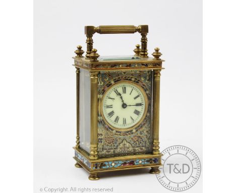 A late 19th century French brass and cloisonne enamel carriage time piece, with Roman numeral dial and eight day movement, th