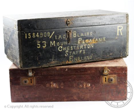 A WWII painted wood trunk, named '1584909 Lac Blairs', '2810 Squadron Singapore' and addressed, hinged cover and vacant inter