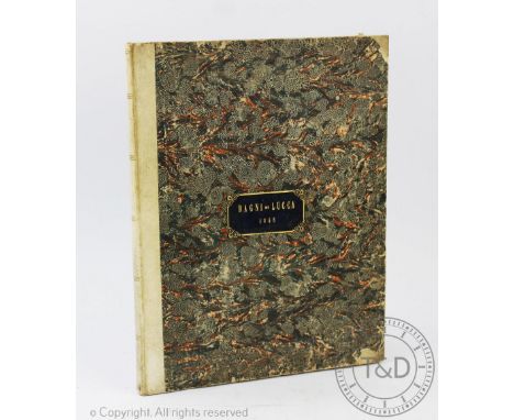 A 19th century book of engravings, thirty portrait engravings of Ladies and Gentlemen, 3/4 leather with marbled boards, the f