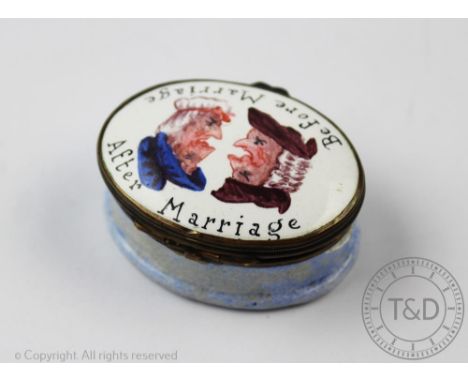 A late George III Bilston enamel box 'Before Marriage / After Marriage', 5cm  CONDITION REPORT: The top has just a few light 