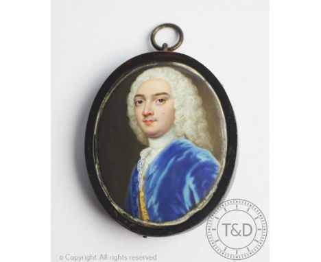 Attributed to Christian Friedrich Zincke (German 1683/5 - 1767), Enamel miniature, Portrait of a gentleman in a blue coat wit