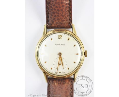 A gentleman's Longines 9ct gold cased wristwatch, 17 Jewel movement No.8742999, circular face with arrow head and Arabic dial